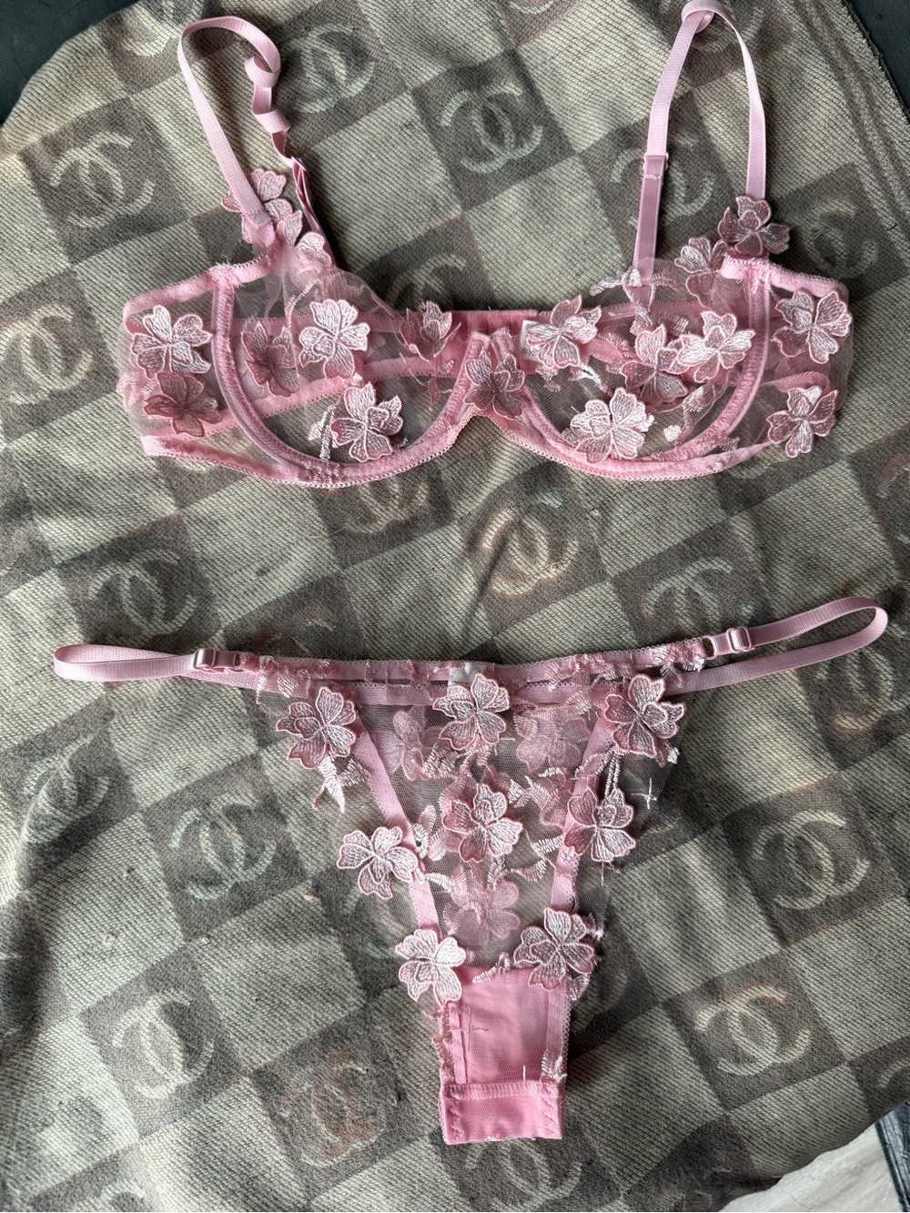 Pink Sheer Floral Embroidered Lingerie Set - 2pc Set Underwire Bra & Thong